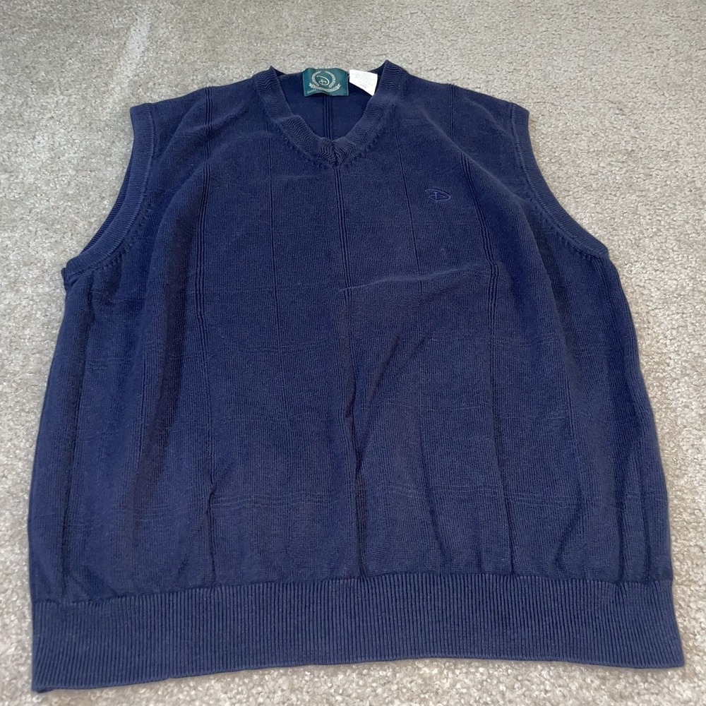 Disney Golf Collection Mens LG Navy Blue Cotton V-Neck Sweater Vest Embroidered